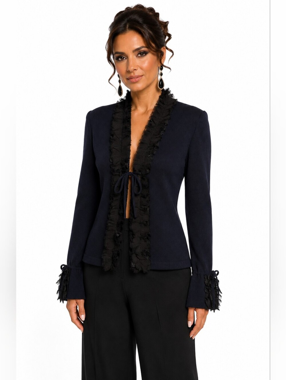 St. John Evening Size 8 Navy Black Knit Ruffle Trim Tie Front Cardigan Jacket